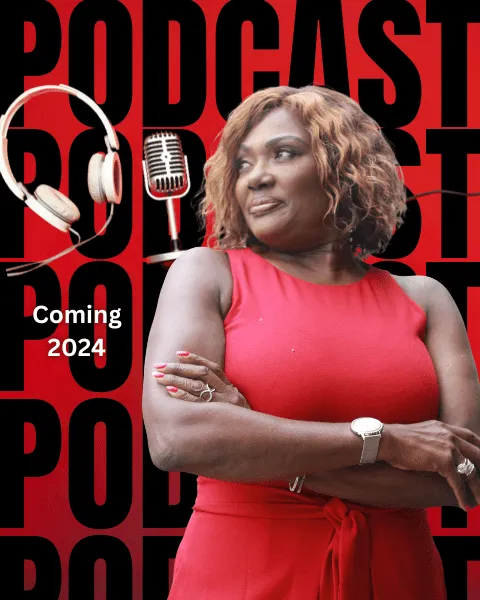 Woman in red dress podcast promo poster