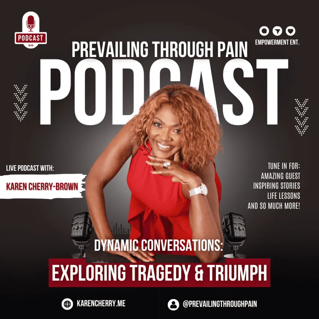 Smiling female podcast host in red dress
