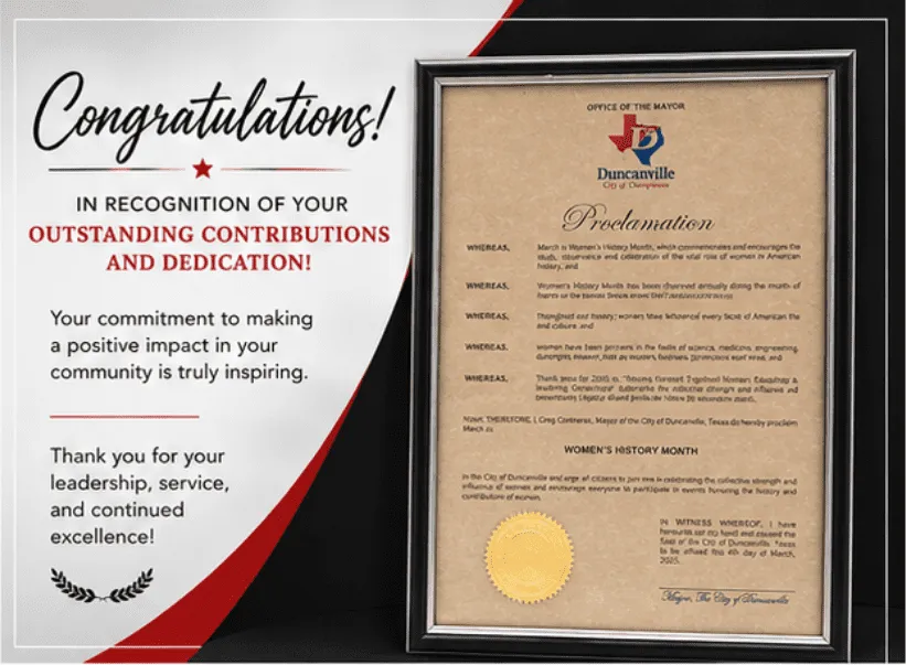 Congratulations certificate and framed proclamation