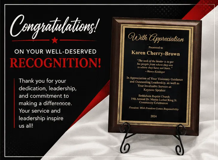 Appreciation plaque on easel with congratulations